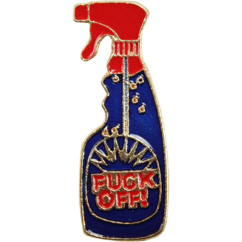 Gold, red, and blue enamel pin in the shape of a spray bottle of glass cleaner with the label reading “FUCK OFF!”