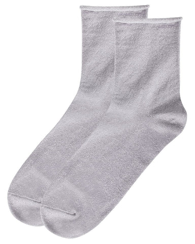 Pair of bright silver lurex ankle socks with a rolled cuff on a white background