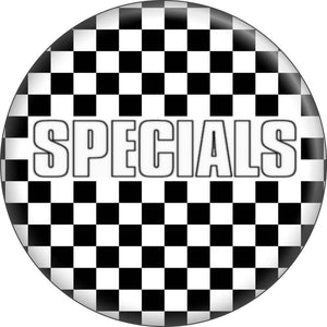 Round 1” Specials logo and black & white checkerboard pinback button