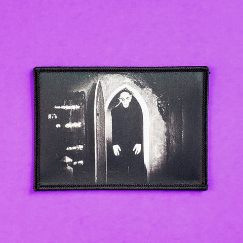 A rectangular woven patch with a sublimated black and white image of Max Schreck starring as Count Orlok in the 1922 German Expressionist silent film Nosferatu: A Symphony of Horror