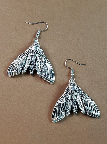 silver metal death's-head hawkmoth dangle earrings