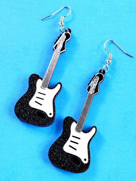 Black Glitter Acrylic Guitar Dangle Earrings