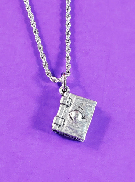 Necronomicon book charm made of American pewter strung on stainless steel rope chain. Shown from front
