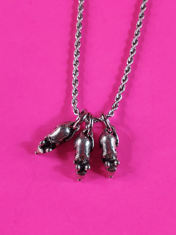 Three small American pewter charms in the shape of a rat hanging from a stainless steel rope chain