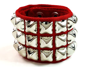 3 Row Silver Studded Canvas Cuff in Red by Funk Plus