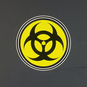 Biohazard symbol in black on a bright yellow background 2 3/4" round vinyl sticker