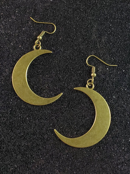 Burnished gold metal crescent moon dangle earrings 