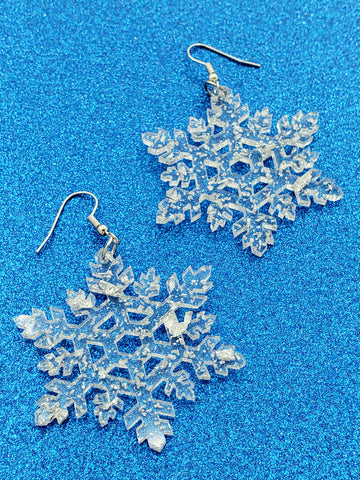 pair Transparent acrylic with silver glitter laser-cut snowflake-shaped dangle earrings