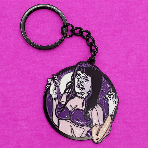 enameled black metal keychain of Elizabeth Shelley from the movie Frankenhooker