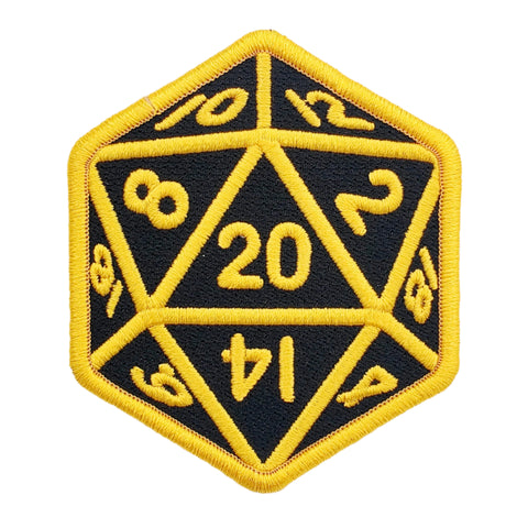black and yellow 20-sided die embroidered patch