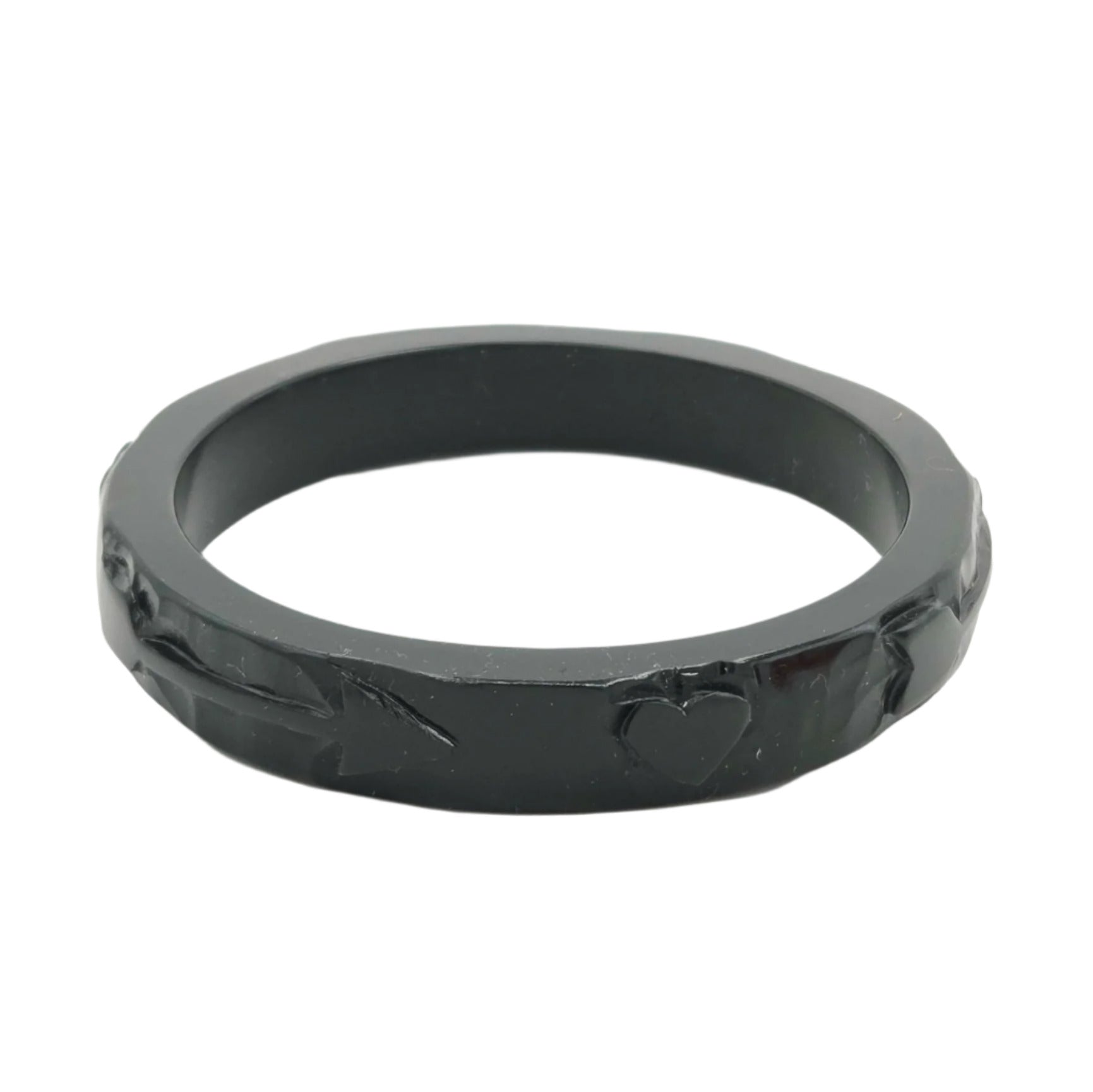 black resin spacer bangle with hand carved heart and arrow motif