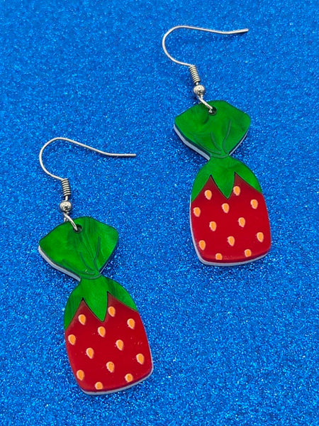 acrylic dangle earrings with charms in the shape of strawberry candies with red and green wrapper resembling the fruit