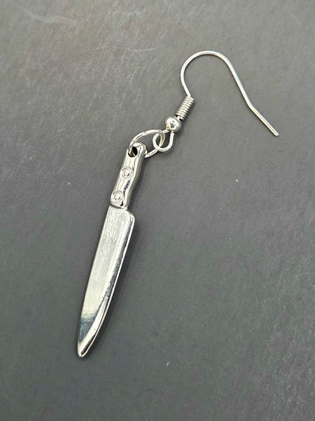 single silver metal kitchen knife shaped dangle earring