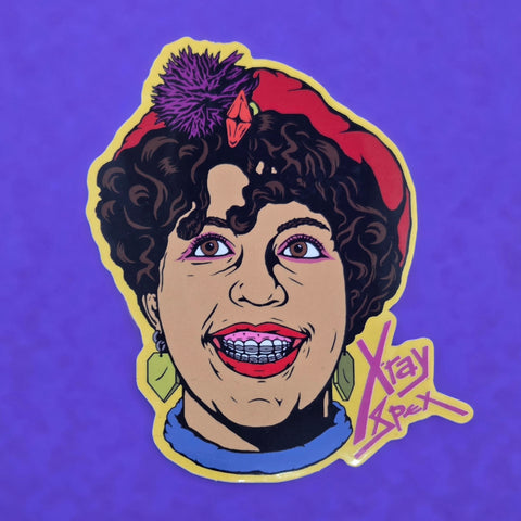 face of iconic singer Poly Styrene from the band X-Ray Spex, as a colorful die-cut vinyl sticker
