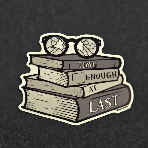 The Twilight Zone episode "Time Enough At Last" stack of books with broken glasses die-cut glow-in-the-dark vinyl sticker