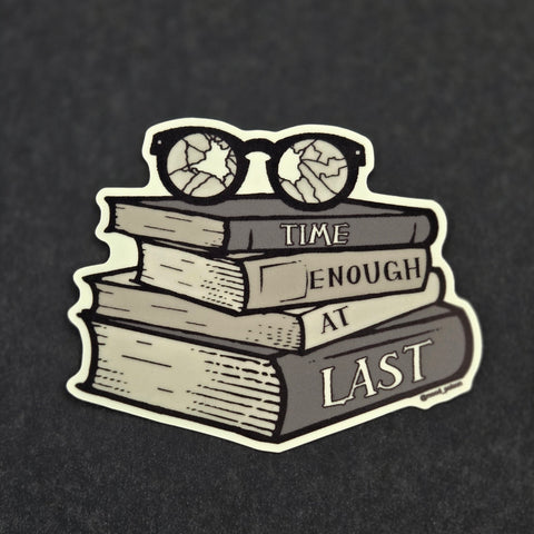 The Twilight Zone episode "Time Enough At Last" stack of books with broken glasses die-cut glow-in-the-dark vinyl sticker