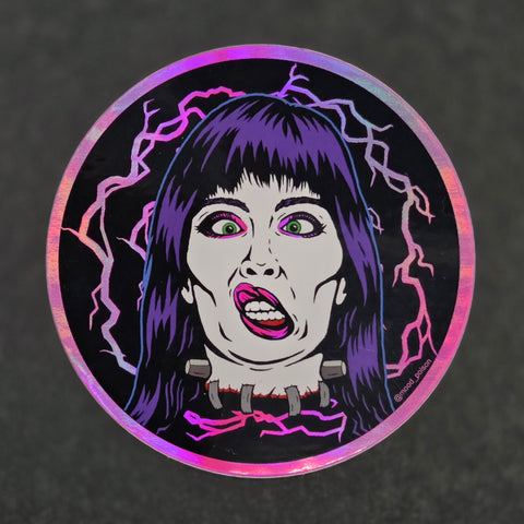 cartoony illustration of Elizabeth Shelley in front of a pink and purple shocking background from the 1990 movie Frankenhooker as a colorful die-cut holographic vinyl sticker