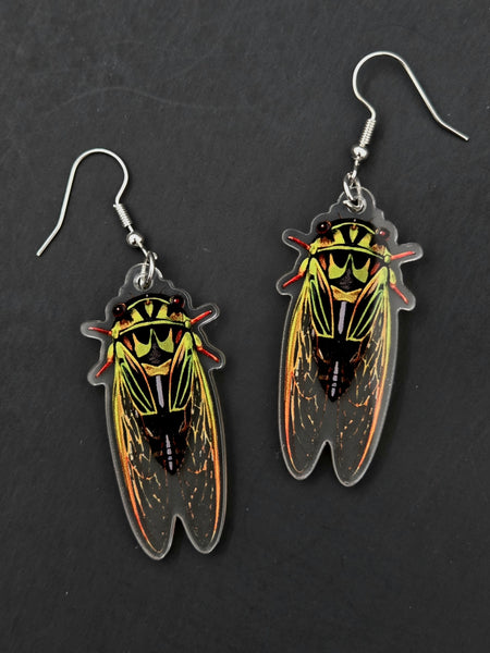 Cicada-shaped laser-cut acrylic earrings on a dark background
