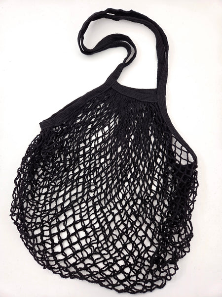 Black cotton mesh shopping bag with a handle on a white background