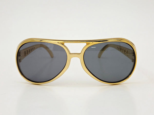 shiny metallic gold plastic aviator sunglasses with perforated gold metal arms and smoke lens