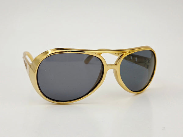 shiny metallic gold plastic aviator sunglasses with perforated gold metal arms and smoke lens