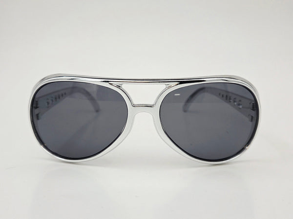 shiny metallic silver plastic aviator sunglasses with perforated silver metal arms and smoke lens