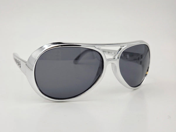 shiny metallic silver plastic aviator sunglasses with perforated silver metal arms and smoke lens