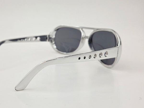 shiny metallic silver plastic aviator sunglasses with perforated silver metal arms and smoke lens