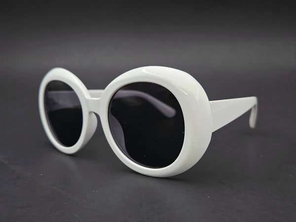 sturdy beveled plastic frame sunglasses in bright white with wide arms and black smoke lenses