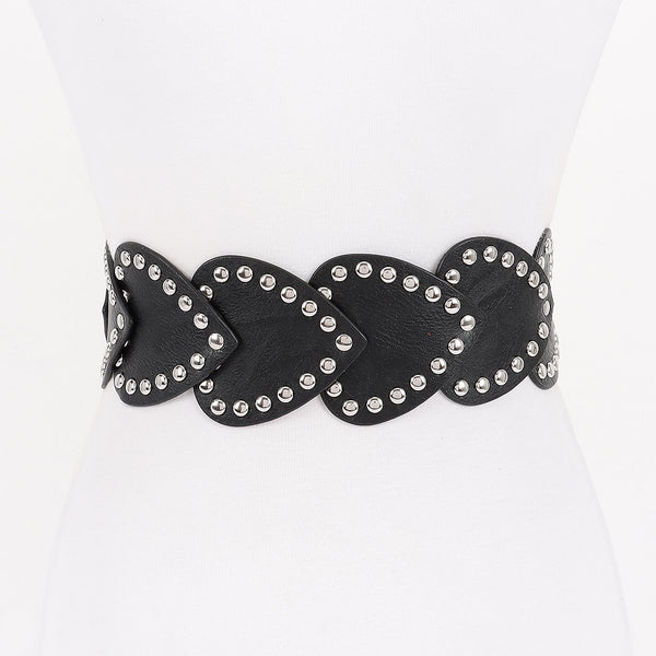 black textured faux leather waist belt made of overlapping heart shapes with round silver metal rivet outlines. Shown from back on dress form