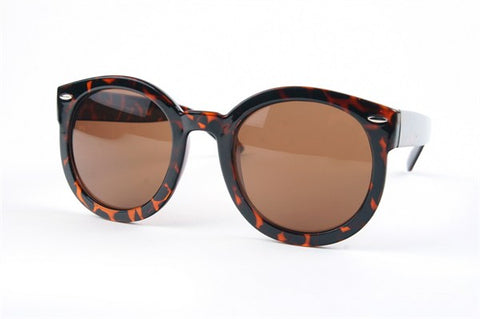 Thick 80s style brown tortoiseshell pattern plastic frame circular shape sunglasses with brown lens