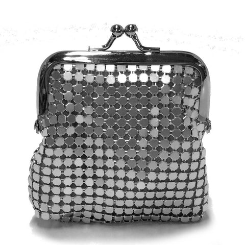 square coin purse made of silver metal mesh with silver metal kiss lock closure