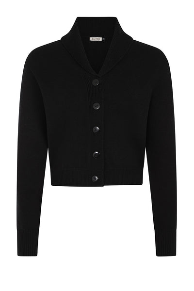 black retro style shawl collar long sleeve waist length cardigan