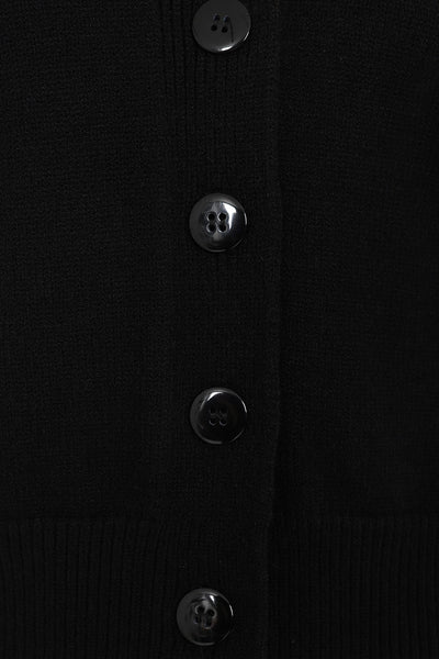 black retro style shawl collar long sleeve waist length cardigan, showing close up of button placket