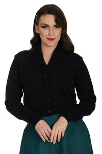 black retro style shawl collar long sleeve waist length cardigan, shown worn by a model