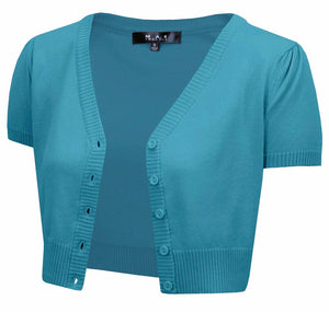 cropped v-neck short puffed sleeve 5-button cardigan in capri blue