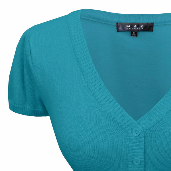 cropped v-neck short puffed sleeve 5-button cardigan in capri blue, showing a cropped close-up of neckline and one sleeve