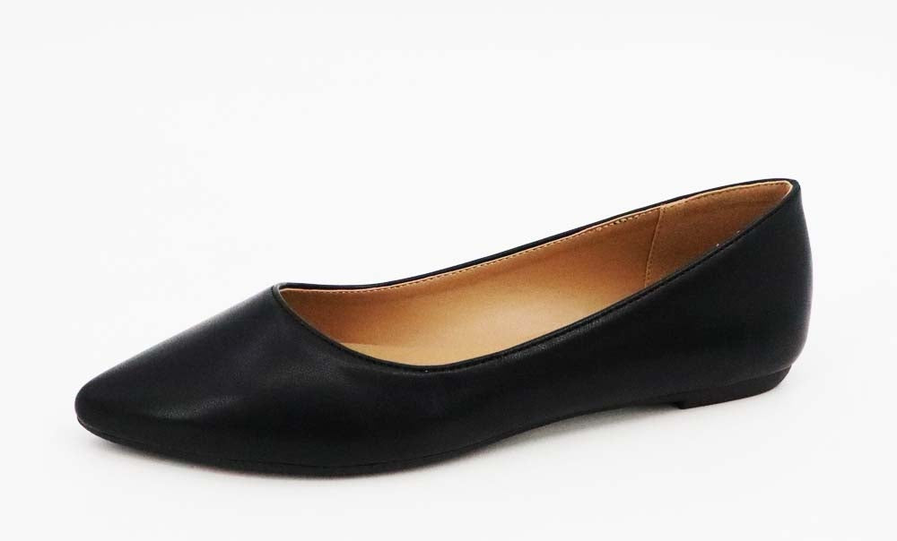 black faux leather pointed toe flat shoe