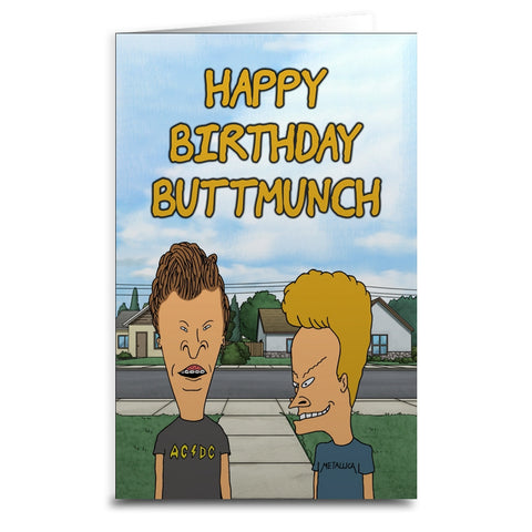 Rectangular note card with message “HAPPY BIRTHDAY BUTTMUNCH” and printed image of Beavis and Butthead standing on a sidewalk