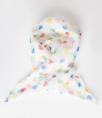 Vintage inspired semi-sheer white and rainbow heart print chiffon square scarf