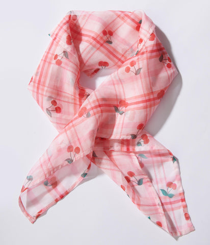 Vintage inspired semi-sheer pink plaid and cherry print chiffon square scarf