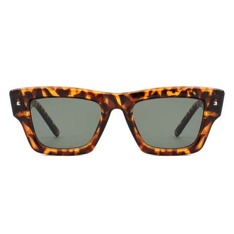 thick framed tortoiseshell wayfarer style sunglasses with silver square stud detail at each temple and arm with green smoke lenses. Shown from front