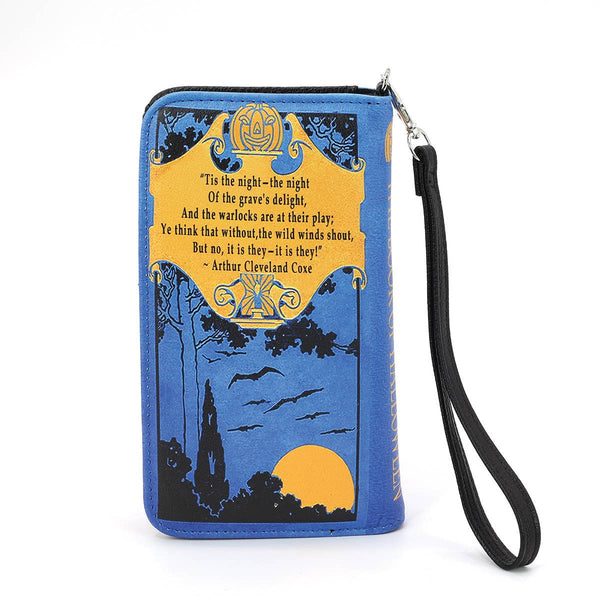 textured bright blue faux leather with black and yellow print book-shaped "The Book of Halloween" wallet. Shown from back