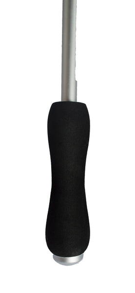Black heart-shaped umbrella with silver metal handle and black soft foam grip. Handle shown up close