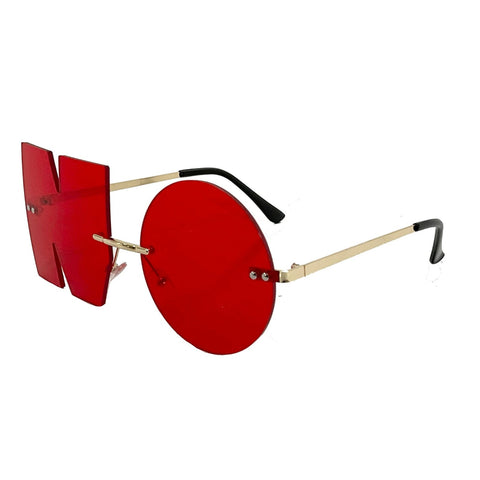 rimless sunglasses with bright red lenses, one lense in the shape of the letter N and one in the shape of the letter O to spell the word NO