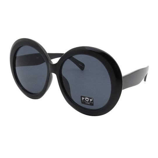 Oversized round black plastic frame sunglasses with black smoke lenses shown from side