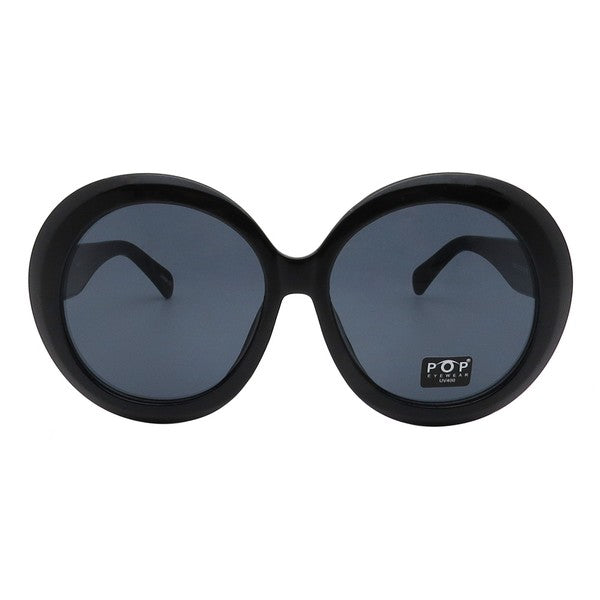 Oversized round black plastic frame sunglasses with black smoke lenses shown from front