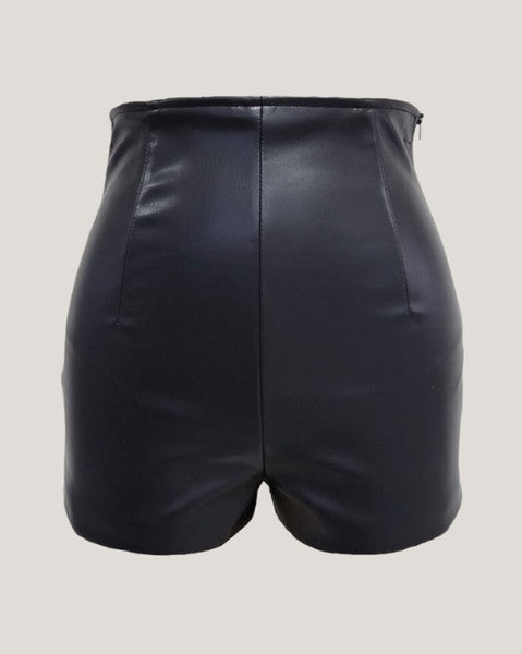Black matte finish faux leather high-waisted shorts with vertical seaming and side zip closure