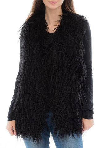 Black shaggy faux fur vest worn by a person on a white background. Shown from front