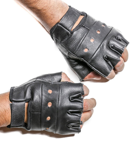 Black leather fingerless wrist length gloves with knuckle holes shown worn from front